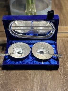 Ornate Silver Tray and bowls with Spoons in Blue Velvet Case